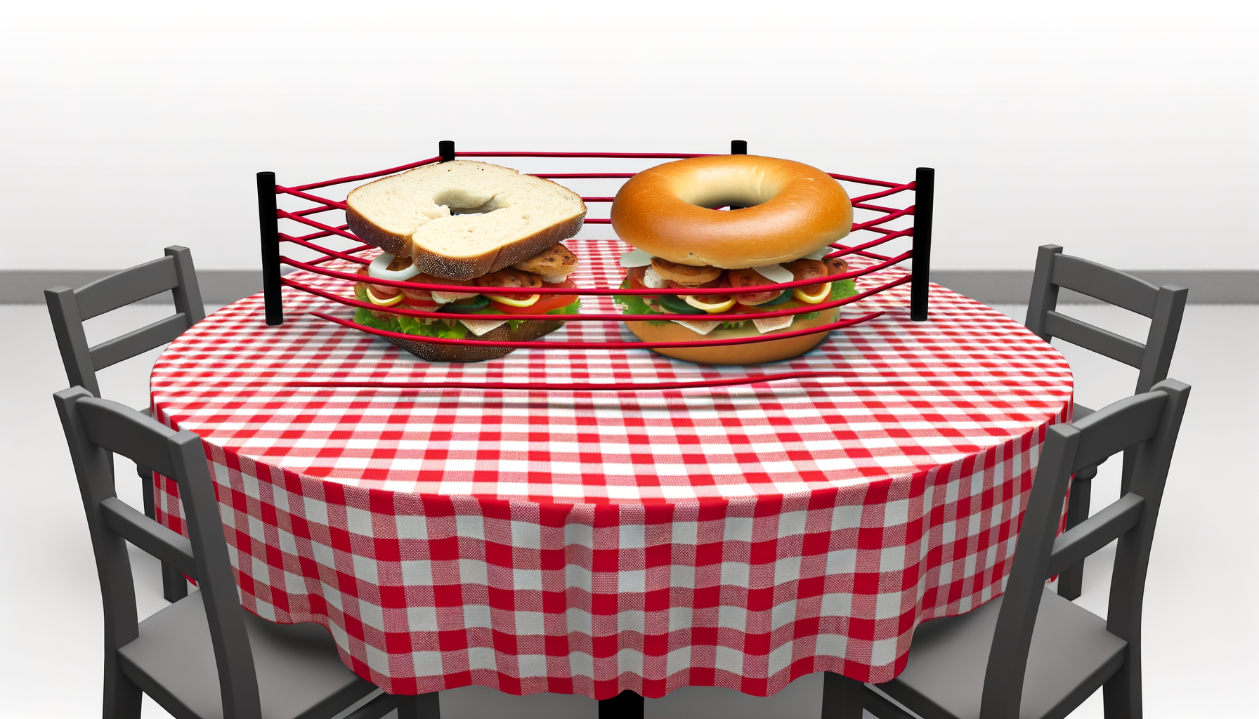 a bagel sandwich and a bread sandwich inside a boxing ring which is on top of a circular table with a red and white checkered table cloth